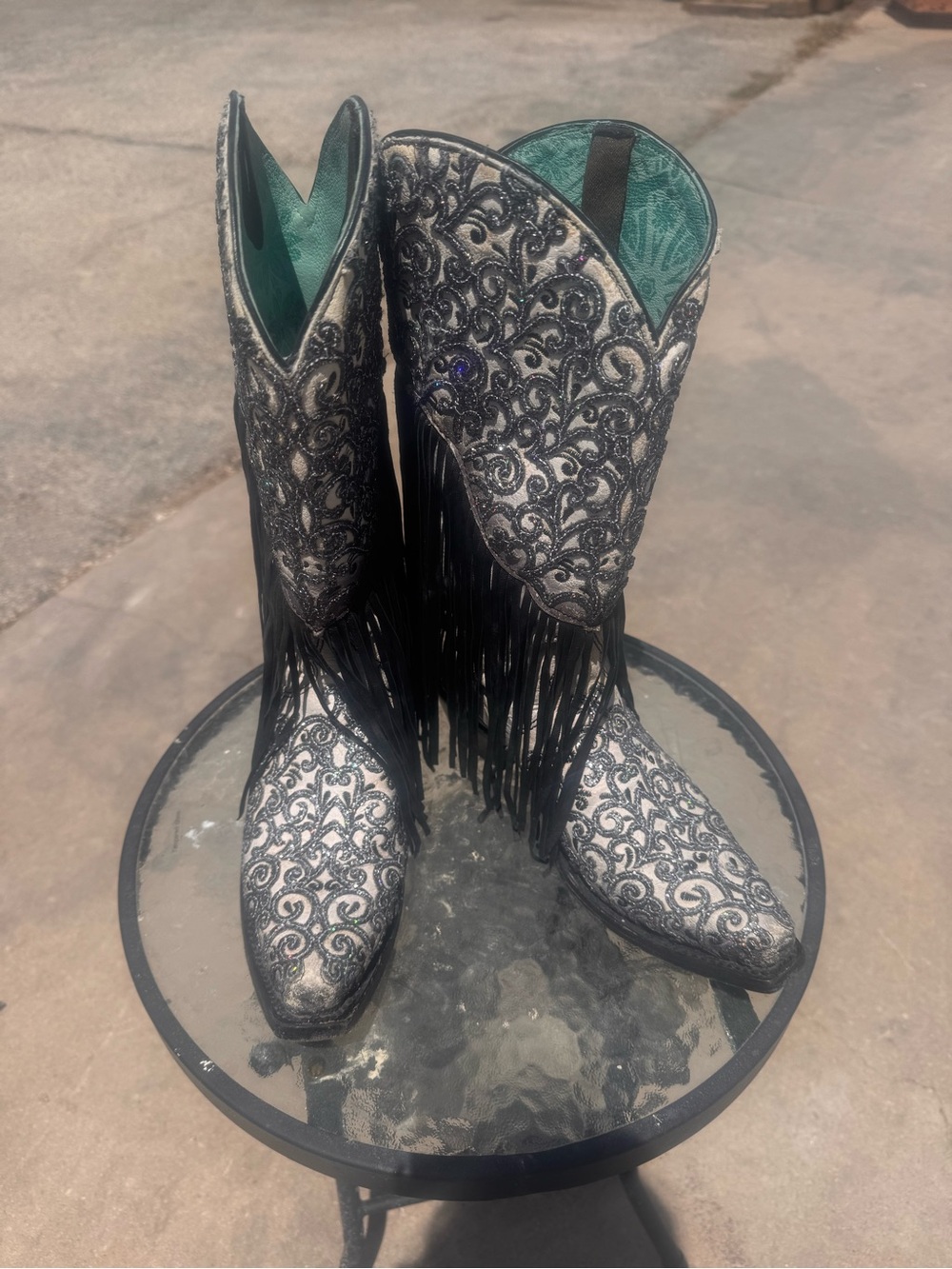 Corral Silver Embroidered Fringe Western Boots with Teal Lining